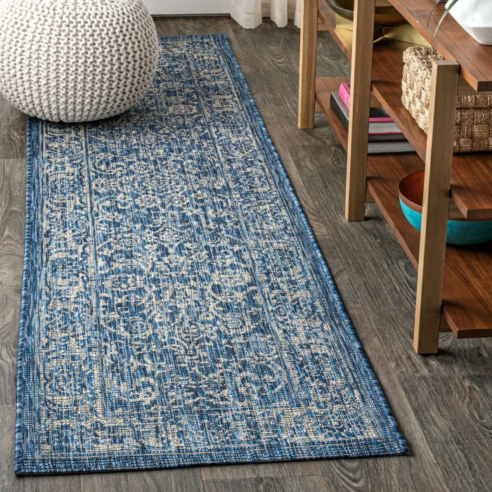Tela Bohemian Textured Weave Floral Navy/Gray 2 ft. x 8 ft. Indoor/Outdoor Runner Rug