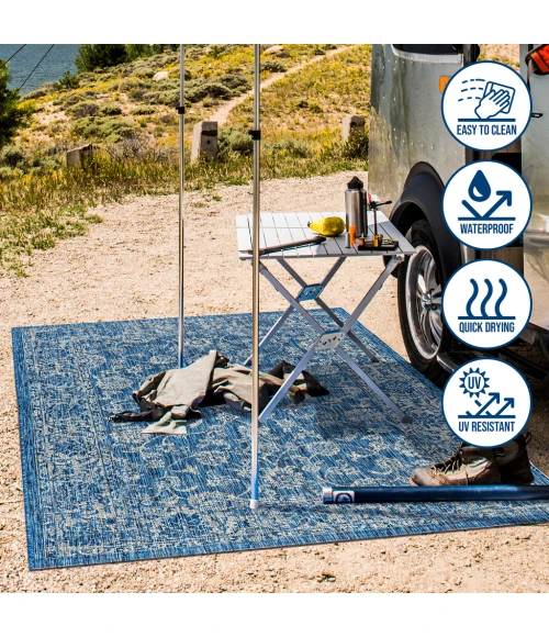 Tela Bohemian Textured Weave Floral Navy/Gray 2 ft. x 8 ft. Indoor/Outdoor Runner Rug