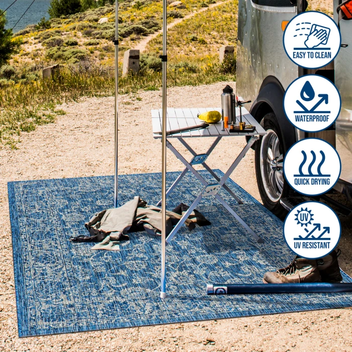 Tela Bohemian Textured Weave Floral Navy/Gray 2 ft. x 8 ft. Indoor/Outdoor Runner Rug