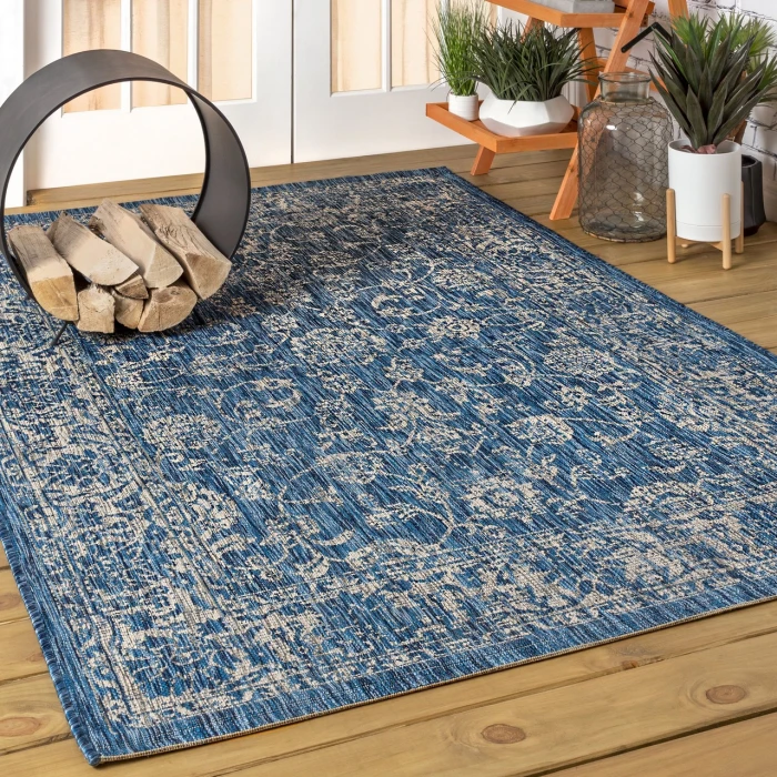 Tela Bohemian Textured Weave Floral Navy/Gray 3 ft. x 5 ft. Indoor/Outdoor Area Rug