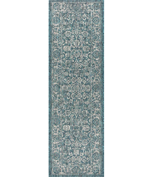 Tela Bohemian Textured Weave Floral Teal/Gray 2 ft. x 10 ft. Indoor/Outdoor Runner Rug