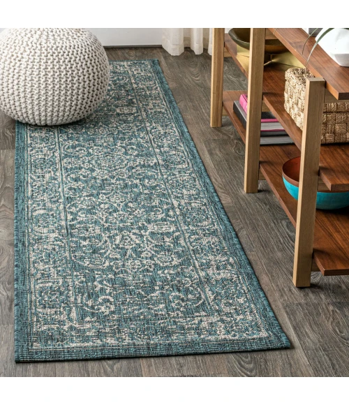 Tela Bohemian Textured Weave Floral Teal/Gray 2 ft. x 10 ft. Indoor/Outdoor Runner Rug