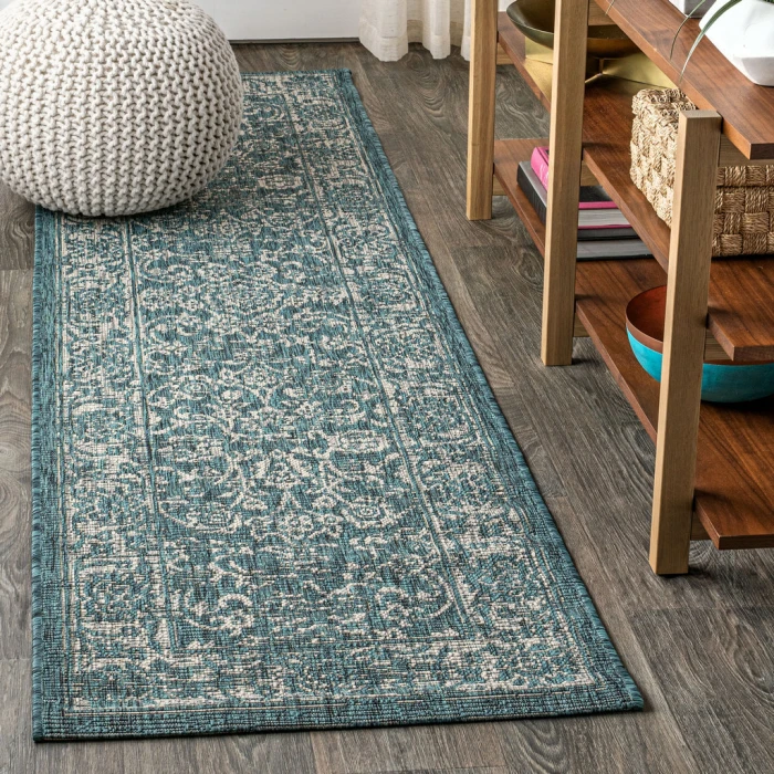 Tela Bohemian Textured Weave Floral Teal/Gray 2 ft. x 10 ft. Indoor/Outdoor Runner Rug