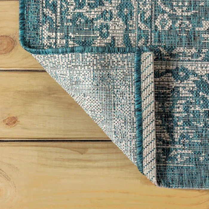 Tela Bohemian Textured Weave Floral Teal/Gray 2 ft. x 10 ft. Indoor/Outdoor Runner Rug