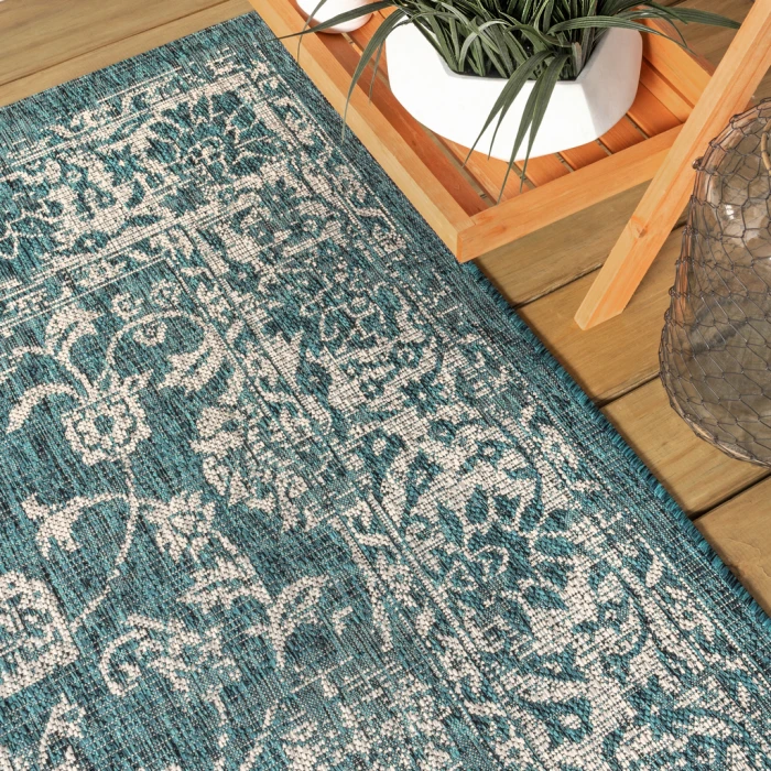 Tela Bohemian Textured Weave Floral Teal/Gray 2 ft. x 10 ft. Indoor/Outdoor Runner Rug