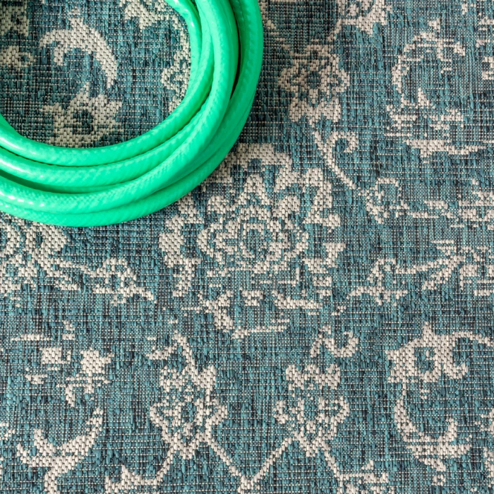 Tela Bohemian Textured Weave Floral Teal/Gray 2 ft. x 10 ft. Indoor/Outdoor Runner Rug