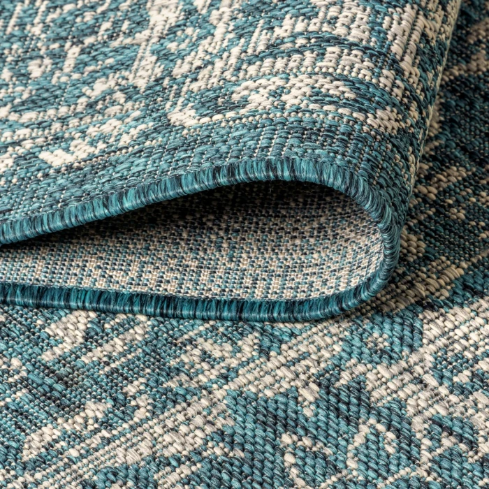 Tela Bohemian Textured Weave Floral Teal/Gray 2 ft. x 10 ft. Indoor/Outdoor Runner Rug