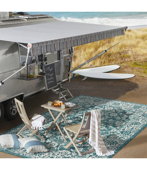 Tela Bohemian Textured Weave Floral Teal/Gray 2 ft. x 10 ft. Indoor/Outdoor Runner Rug