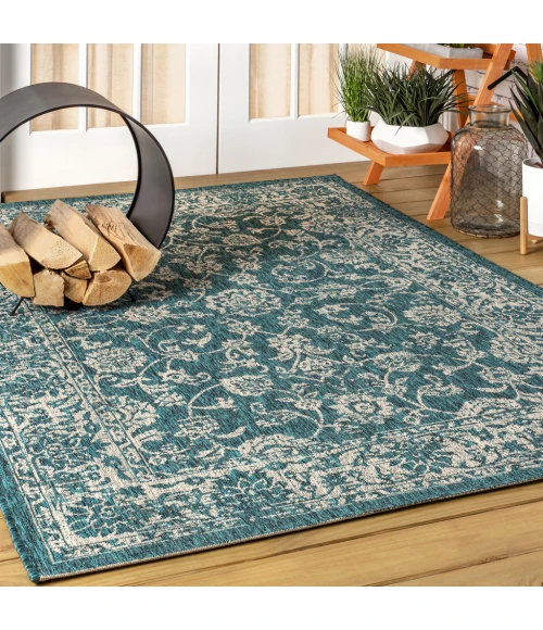 Tela Bohemian Textured Weave Floral Teal/Gray 4 ft. x 6 ft. Indoor/Outdoor Area Rug