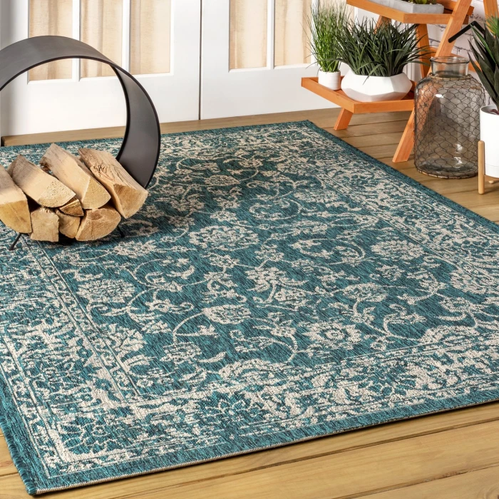 Tela Bohemian Textured Weave Floral Teal/Gray 3 ft. x 5 ft. Indoor/Outdoor Area Rug