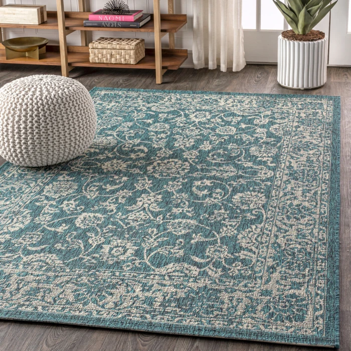 Tela Bohemian Textured Weave Floral Teal/Gray 3 ft. x 5 ft. Indoor/Outdoor Area Rug
