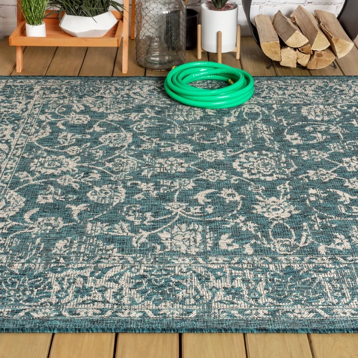 Tela Bohemian Textured Weave Floral Teal/Gray 3 ft. x 5 ft. Indoor/Outdoor Area Rug