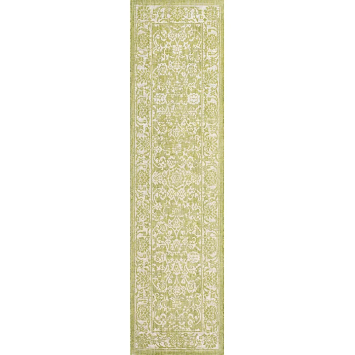 Tela Bohemian Textured Weave Floral Green/Cream 2 ft. x 10 ft. Indoor/Outdoor Runner Rug