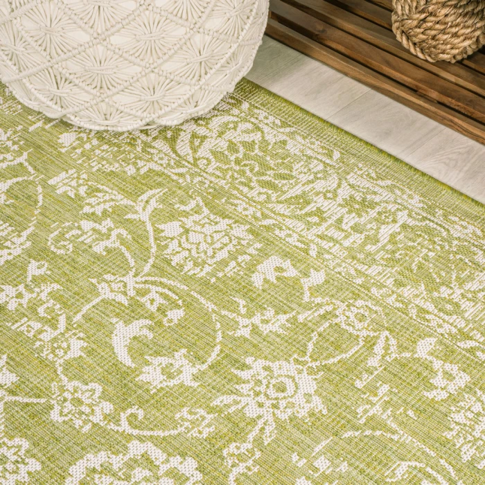 Tela Bohemian Textured Weave Floral Green/Cream 2 ft. x 10 ft. Indoor/Outdoor Runner Rug