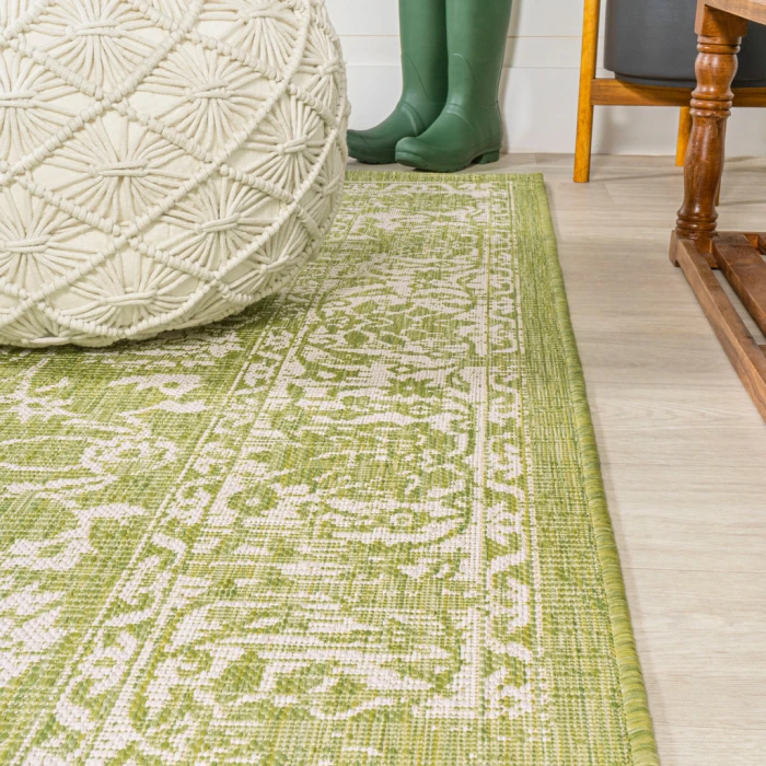 Tela Bohemian Textured Weave Floral Green/Cream 2 ft. x 10 ft. Indoor/Outdoor Runner Rug