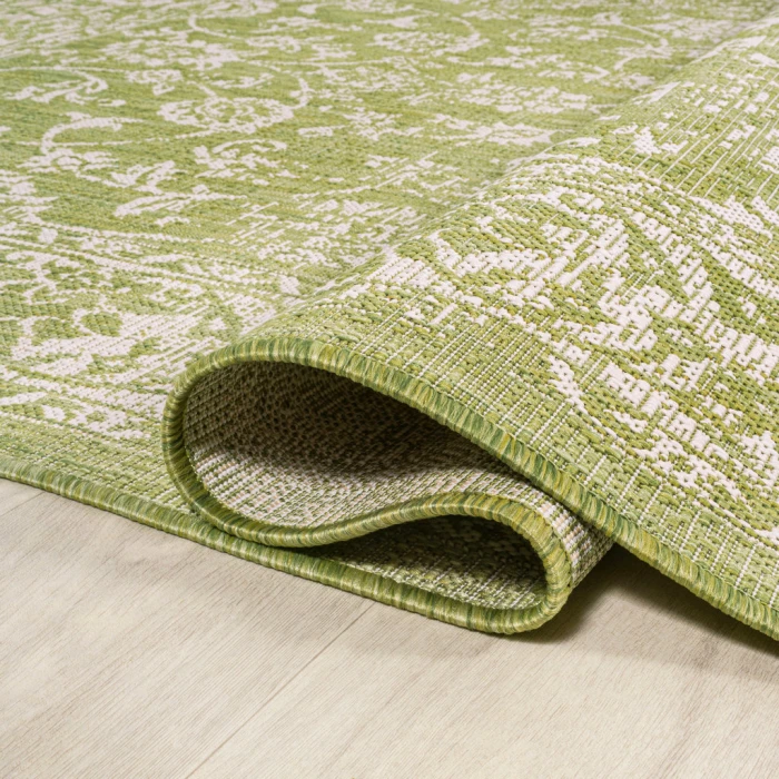 Tela Bohemian Textured Weave Floral Green/Cream 2 ft. x 10 ft. Indoor/Outdoor Runner Rug