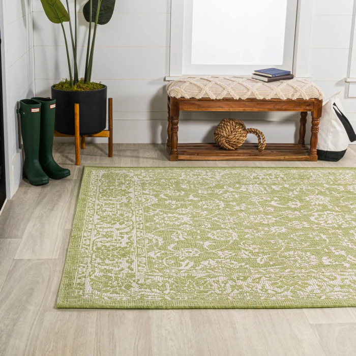 Tela Bohemian Textured Weave Floral Green/Cream 5 ft. x 8 ft. Indoor/Outdoor Area Rug