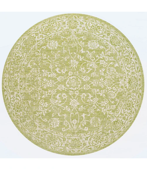 Tela Bohemian Textured Weave Floral Green/Cream 5' Round Indoor/Outdoor Area Rug