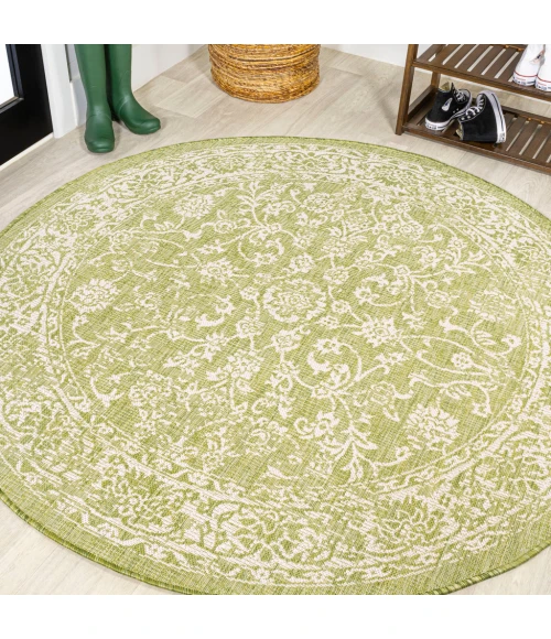 Tela Bohemian Textured Weave Floral Green/Cream 5' Round Indoor/Outdoor Area Rug