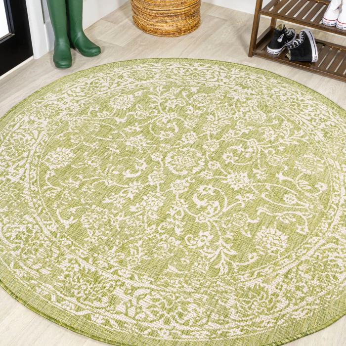 Tela Bohemian Textured Weave Floral Green/Cream 5' Round Indoor/Outdoor Area Rug