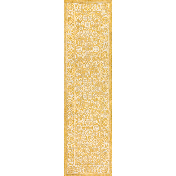 Tela Bohemian Textured Weave Floral Yellow/Cream 2 ft. x 10 ft. Indoor/Outdoor Runner Rug