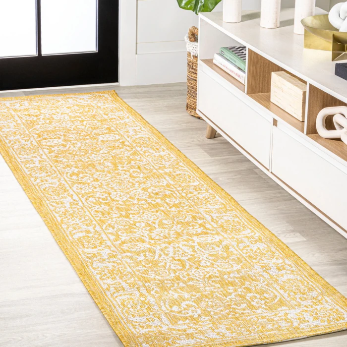 Tela Bohemian Textured Weave Floral Yellow/Cream 2 ft. x 10 ft. Indoor/Outdoor Runner Rug