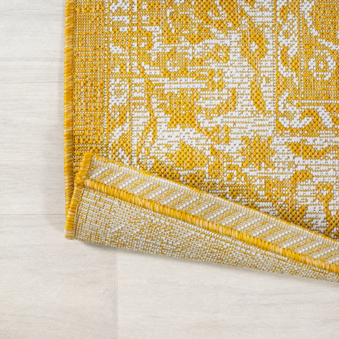 Tela Bohemian Textured Weave Floral Yellow/Cream 2 ft. x 10 ft. Indoor/Outdoor Runner Rug