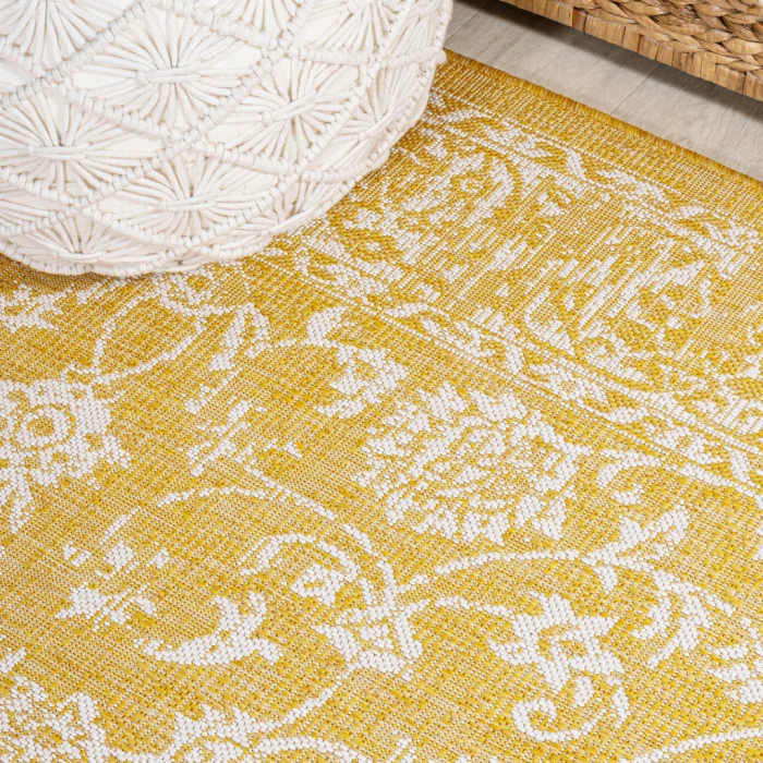 Tela Bohemian Textured Weave Floral Yellow/Cream 2 ft. x 10 ft. Indoor/Outdoor Runner Rug