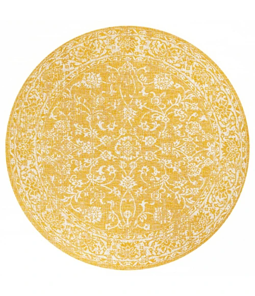 Tela Bohemian Textured Weave Floral Yellow/Cream 5' Round Indoor/Outdoor Area Rug