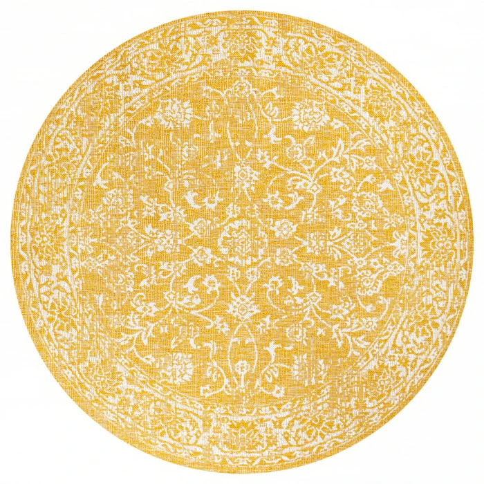 Tela Bohemian Textured Weave Floral Yellow/Cream 5' Round Indoor/Outdoor Area Rug