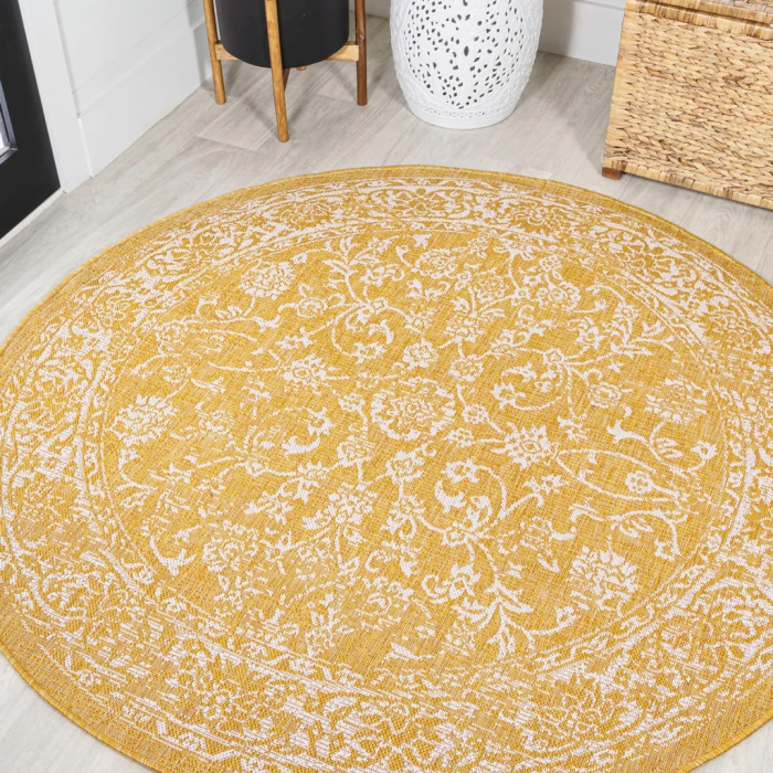 Tela Bohemian Textured Weave Floral Yellow/Cream 5' Round Indoor/Outdoor Area Rug