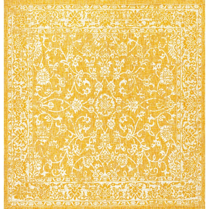 Tela Bohemian Textured Weave Floral Yellow/Cream 5' Square Indoor/Outdoor Area Rug