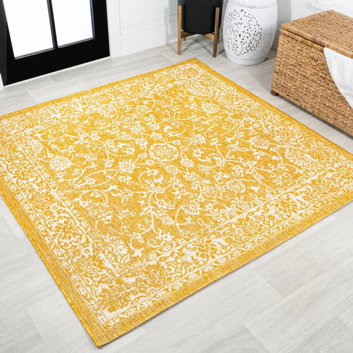 Tela Bohemian Textured Weave Floral Yellow/Cream 5' Square Indoor/Outdoor Area Rug