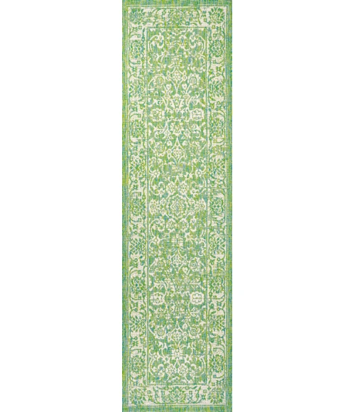 Tela Bohemian Textured Weave Floral Cream/Green 2 ft. x 10 ft. Indoor/Outdoor Runner Rug