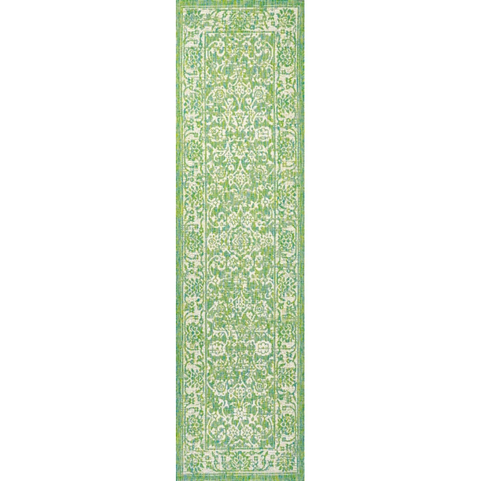 Tela Bohemian Textured Weave Floral Cream/Green 2 ft. x 10 ft. Indoor/Outdoor Runner Rug