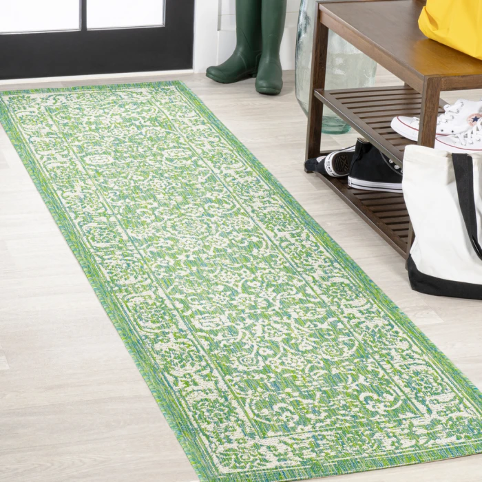 Tela Bohemian Textured Weave Floral Cream/Green 2 ft. x 10 ft. Indoor/Outdoor Runner Rug