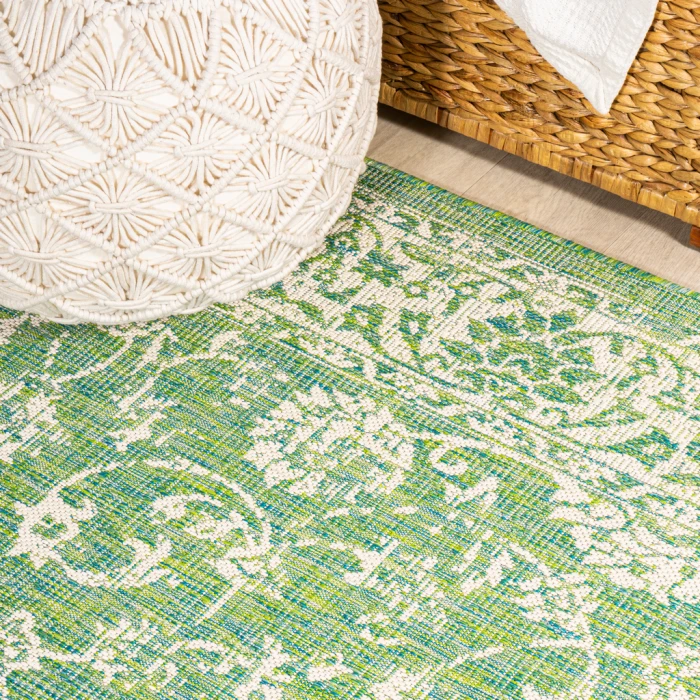 Tela Bohemian Textured Weave Floral Cream/Green 2 ft. x 10 ft. Indoor/Outdoor Runner Rug