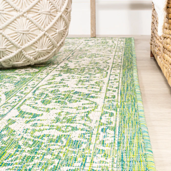 Tela Bohemian Textured Weave Floral Cream/Green 2 ft. x 10 ft. Indoor/Outdoor Runner Rug