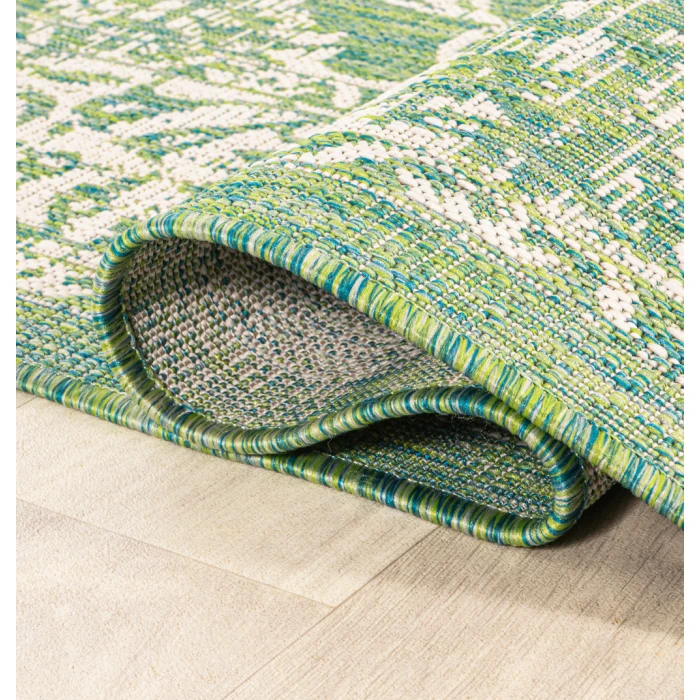 Tela Bohemian Textured Weave Floral Cream/Green 2 ft. x 10 ft. Indoor/Outdoor Runner Rug