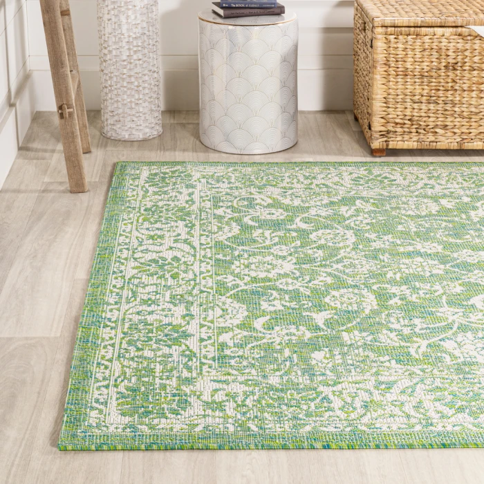 Tela Bohemian Textured Weave Floral Cream/Green 9 ft. x 12 ft. Indoor/Outdoor Area Rug
