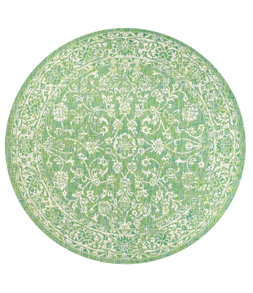 Tela Bohemian Textured Weave Floral Cream/Green 5' Round Indoor/Outdoor Area Rug