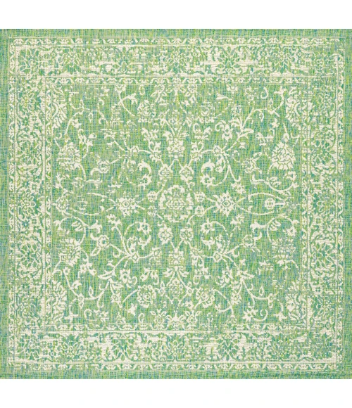 Tela Bohemian Textured Weave Floral Cream/Green 5' Square Indoor/Outdoor Area Rug