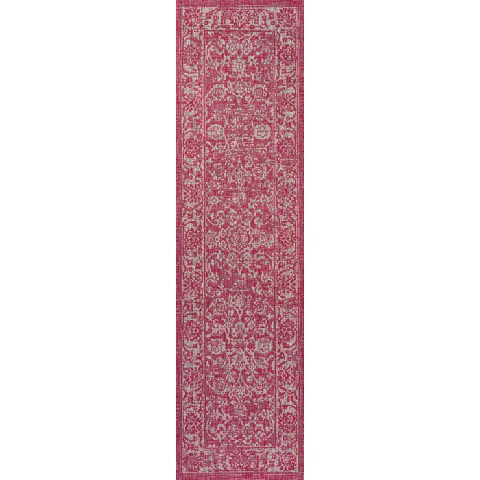 Tela Bohemian Textured Weave Floral Fuchsia/Light Gray 2 ft. x 10 ft. Indoor/Outdoor Runner Rug