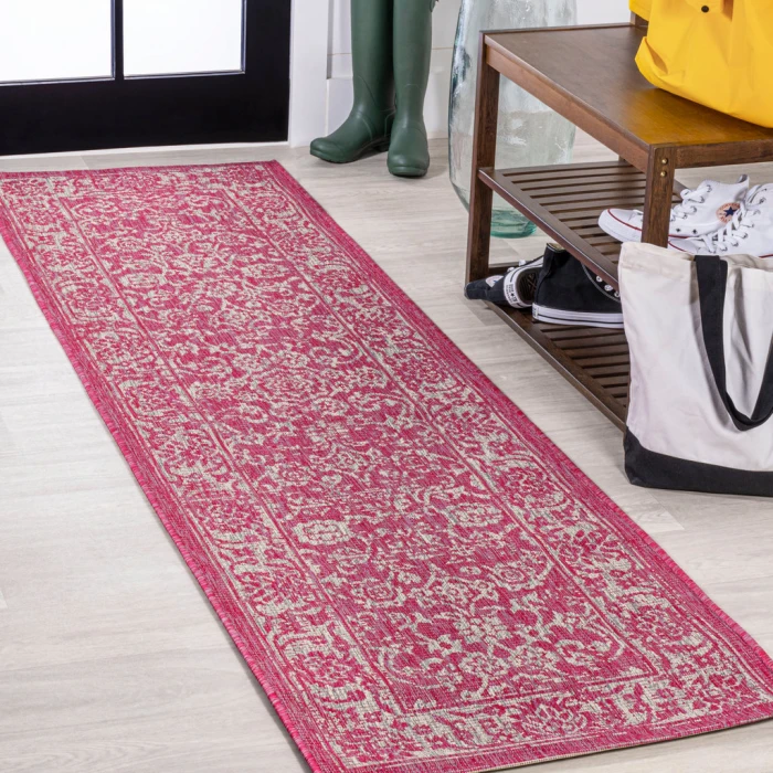 Tela Bohemian Textured Weave Floral Fuchsia/Light Gray 2 ft. x 10 ft. Indoor/Outdoor Runner Rug