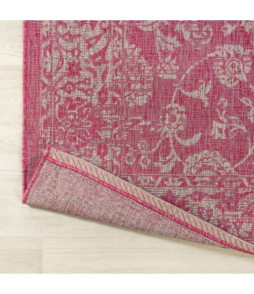 Tela Bohemian Textured Weave Floral Fuchsia/Light Gray 5' Round Indoor/Outdoor Area Rug