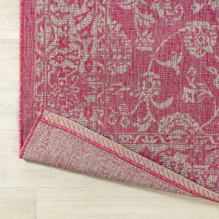 Tela Bohemian Textured Weave Floral Fuchsia/Light Gray 2 ft. x 10 ft. Indoor/Outdoor Runner Rug