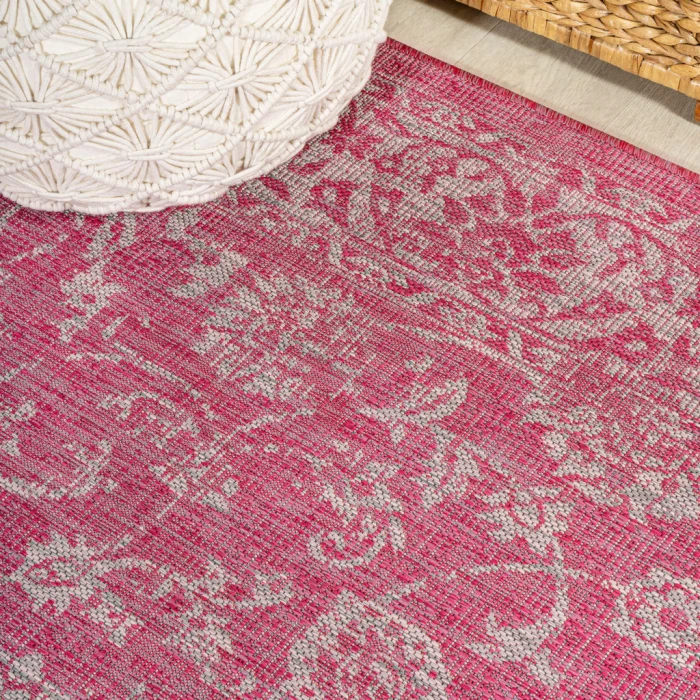Tela Bohemian Textured Weave Floral Fuchsia/Light Gray 2 ft. x 10 ft. Indoor/Outdoor Runner Rug