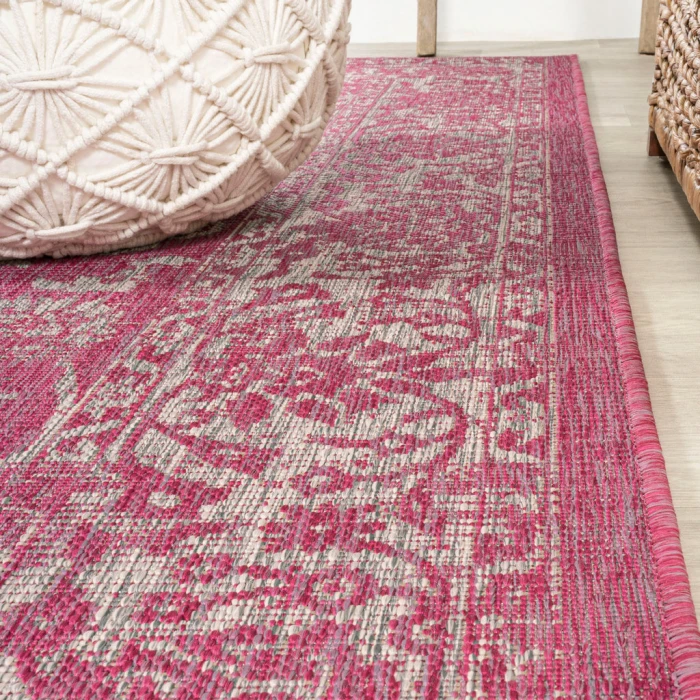 Tela Bohemian Textured Weave Floral Fuchsia/Light Gray 2 ft. x 10 ft. Indoor/Outdoor Runner Rug