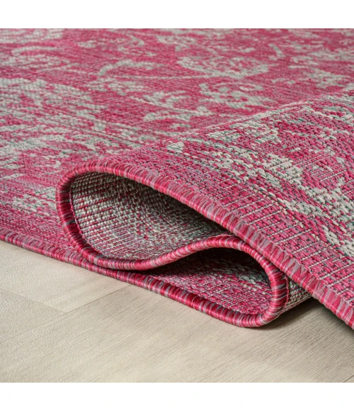 Tela Bohemian Textured Weave Floral Fuchsia/Light Gray 5' Round Indoor/Outdoor Area Rug