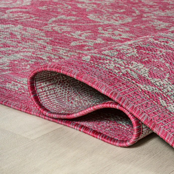 Tela Bohemian Textured Weave Floral Fuchsia/Light Gray 2 ft. x 10 ft. Indoor/Outdoor Runner Rug
